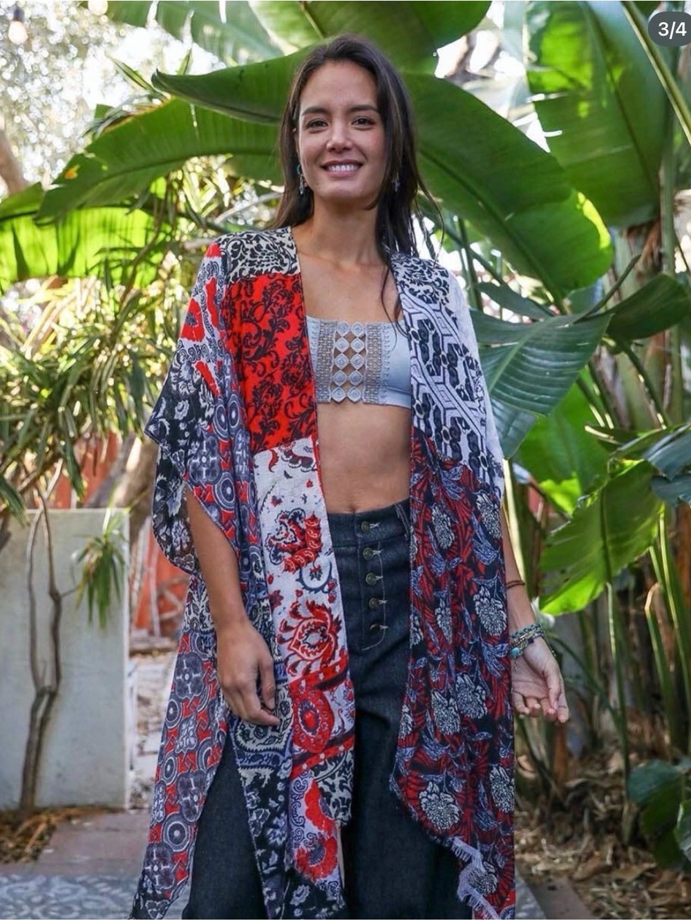 Boho Patchwork Red & Black Women's Kimono Wrap